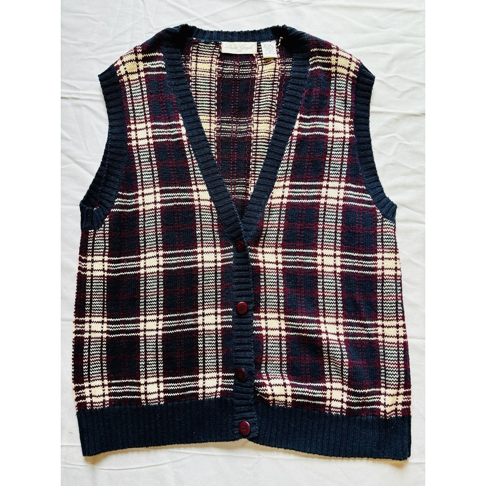 Women's Laura‎ Gayle Petite Sweater Vest Medium Plaid Navy Maroon Off White
